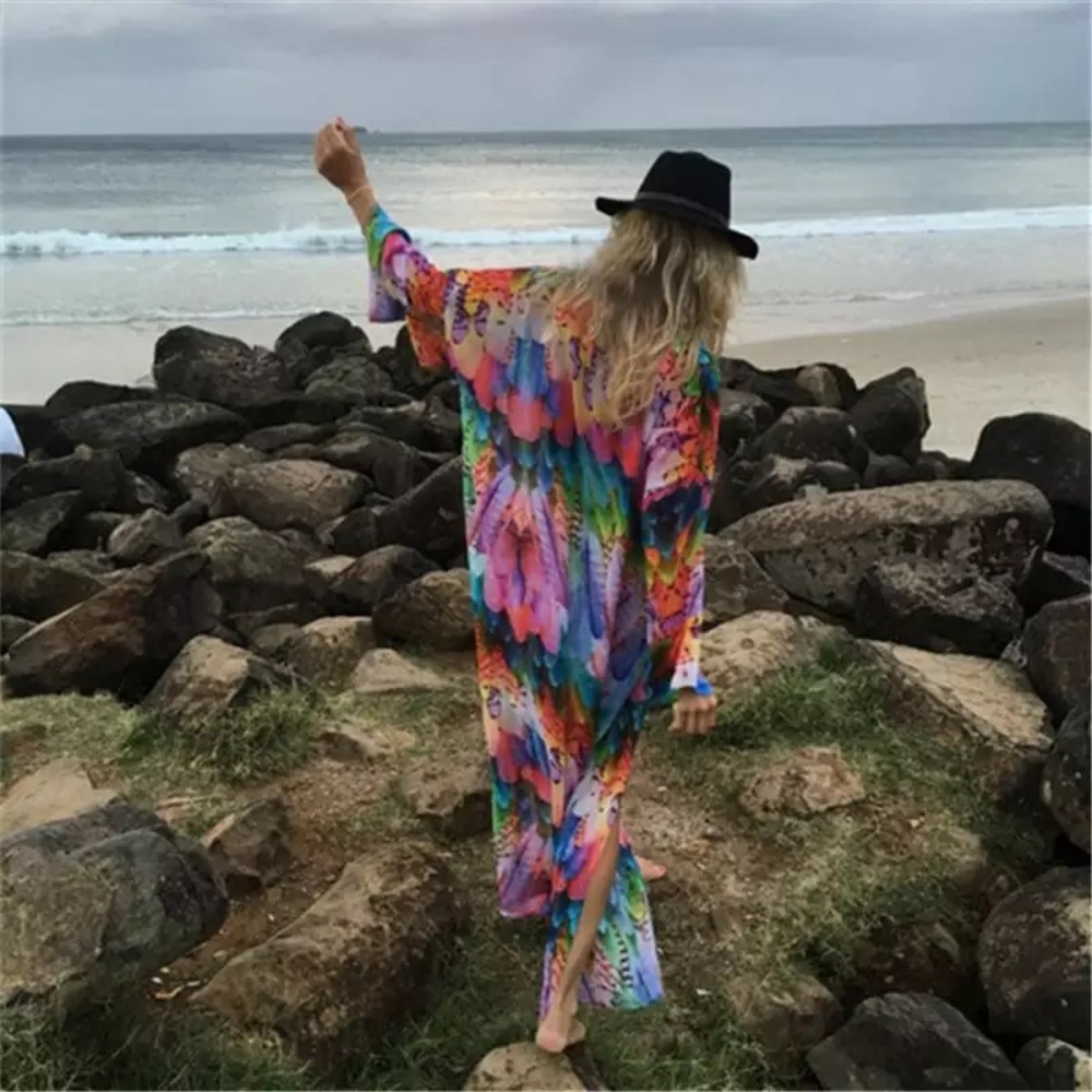 Bohemian Rainbow Feathers Kimono Beach Coverup - Picture 3 of 12